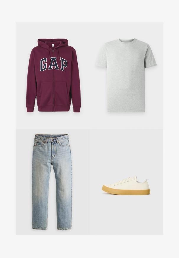 Maroon dukserica sa zipom koja ima prednji džep, s velikim bijelim i tamnoplavi "GAP" logotipom na prsima. Glatka tkanina, podesiva kapuljača.; Jednobojna svijetlosiva majica kratkih rukava s okruglim izrezom prikazana na bijeloj pozadini, s prednje strane bez vidljivih logotipa ili dizajna.; Svijetloplave traperice visoki struk, prednji gumb, zatvarač i dizajn s pet džepova, položene ravno na neutralnoj pozadini.; Platnene tenisice u boji slonovače s okruglim vrhom, s bež gumenim potplatima i pet rupa za vezivanje, teksturalna površina na gornjem dijelu.