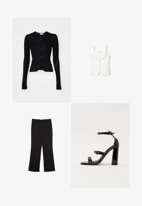 Weekday SLIM SINGLE BREASTED CARDIGAN - Strickjacke - black; Weißes ärmelloses Oberteil mit Knopfleiste, Seitentaschen und einem figurbetonten Design mit leicht ausgestellt geschnittenem Saum. Glatte Textur, minimale Details.; Schwarze Hose mit geradem Schnitt, ausgestattet mit Fronttaschen und Seitenschlitzen am Saum. Hergestellt aus weichem, glattem Stoff. Geeignet für verschiedene Anlässe.; Schwarze patentierte Sandalen mit Absatz, quadratischer Spitze, Knöchelriemen und silbernen Schnallen. Mit einem stabilen Blockabsatz für mehr Stabilität.