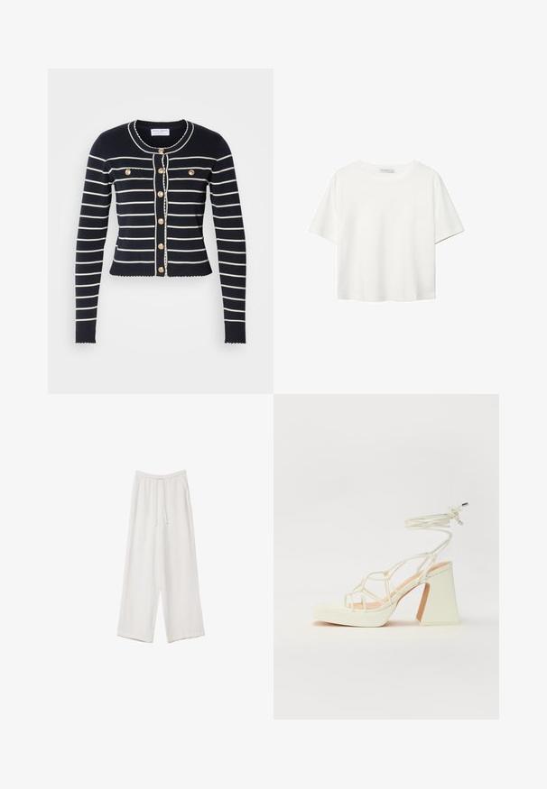 Navy blue cardigan with white horizontal stripes, gold buttons, and scalloped hem. Features two front pockets and a round neckline.; White short-sleeve t-shirt made of cotton. Features a crew neckline and a relaxed fit. Smooth texture with no visible patterns or accents.; White wide-leg trousers made from a lightweight fabric. Features an elastic waistband with a drawstring and side pockets. Smooth texture.; White high-heeled sandal with a chunky heel, featuring a strappy design and ankle tie. Smooth texture with a platform front for added height.