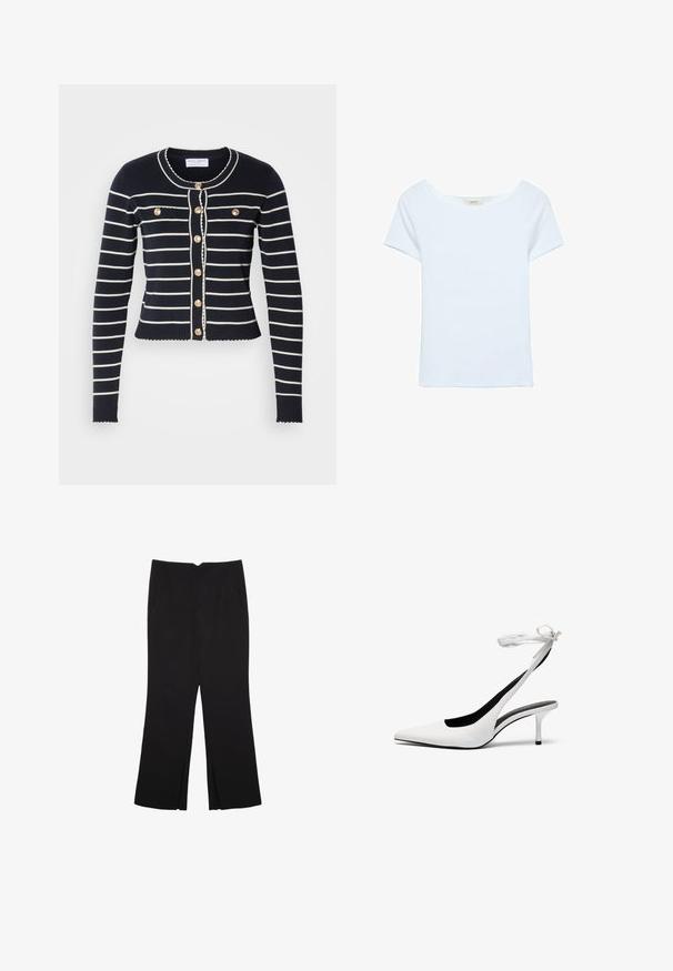 Cardigan blu navy con strisce orizzontali bianche, bottoni dorati e orlo scallop. Presenta due tasche frontali e un collo rotondo.; Maglietta bianca realizzata in tessuto a costine, con un ampio scollo rotondo e maniche corte. Design semplice senza pattern o dettagli.; Pantaloni neri a gamba dritta, con tasche frontali e spacchi laterali all'orlo. Realizzati in tessuto morbido e liscio. Adatti a diverse occasioni.; Tacchi slingback bianchi a punta con cinturino sottile alla caviglia. Materiale in pelle liscia, tacco stiletto sottile e rivestimento interno nero.