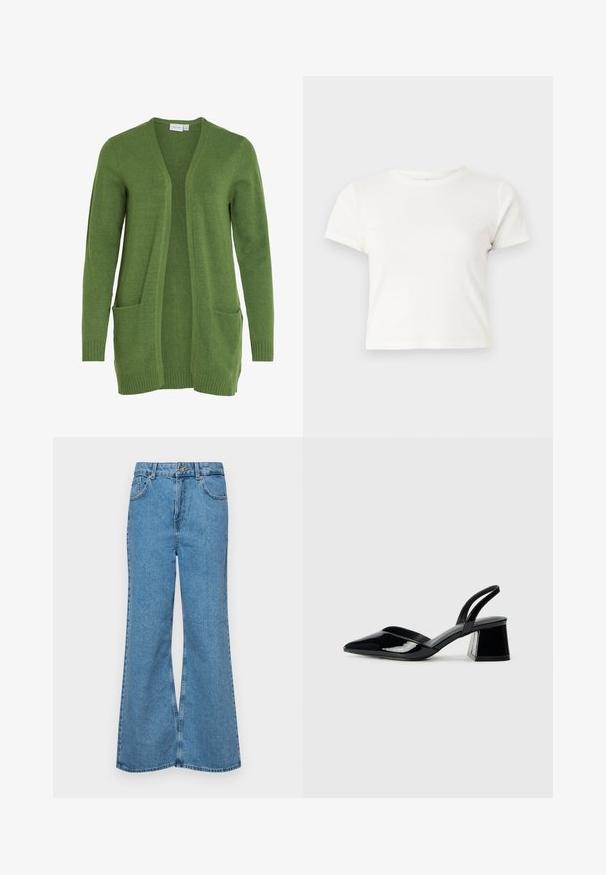 VILA VIRIL OPEN - Cardigan - cactus; Short white t-shirt made of cotton with short sleeves, a round neckline, and a straight hem, featuring a smooth texture and minimal design.; Light blue flared jeans made of denim, featuring a high waist, five pockets, and a single button closure. Soft texture with faded finish.; Black patent leather slingback heels with a pointed toe and a geometric block heel. Features a sleek, minimal design and smooth texture.