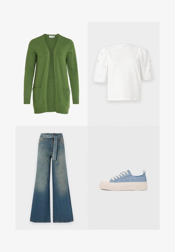 VILA VIRIL OPEN - Cardigan - cactus; White cotton t-shirt with short puff sleeves, featuring small silver embellishments along the sleeves. Classic round neckline, relaxed fit.; Wide-leg denim trousers featuring a light to dark blue gradient, high waist, belt loops, and a matching fabric belt. Textured denim finish.; Light blue canvas sneakers with a cream rubber toe cap and outsole, featuring white laces and a pull tab on the heel.