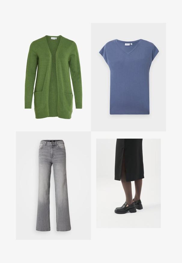 VILA VIRIL OPEN - Cardigan - cactus; Tricou cu guler în V, cu mânecă scurtă, într-o nuanță de albastru discret, fabricat din material de bumbac moale, cu o textură netedă și croială lejeră.; Jeans din denim gri, cu talie înaltă și croială dreaptă, cu fermoar și nasture frontal, buzunare frontale și spate, și nuanțe estompate pe coapse și gambe.; Pantofi din piele neagră cu vârful rotund, toc bloc gros și accente elastice pe lateral, asortați cu colanți închiși la culoare și o fustă neagră cu o fanta.