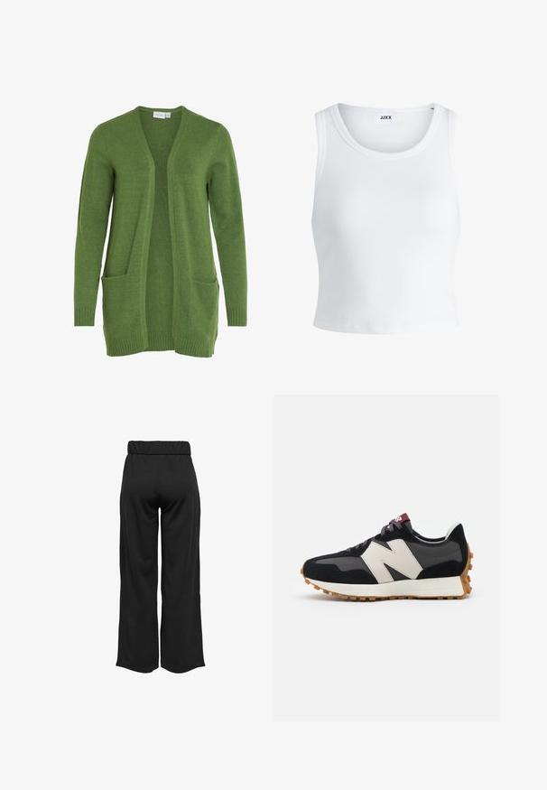 VILA VIRIL OPEN - Cardigan - cactus; Hvit ribbestrikket tank topp med rund hals, uten ermer og croppe lengde. Merket leser "JJXX." Glatt stoff tekstur.; Svarte, vide bukser med elastisk midje, laget av glatt stoff. Har et rent design uten lommer eller synlige sømmer.; Sorte og grå sued sneakers med et stort cremefarvet "N" logo, lilla snørebånd og en tekstureret gummisål.