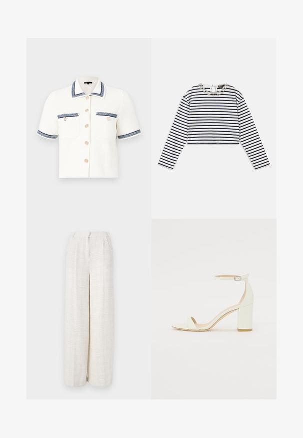Short-sleeve button-up shirt in white fabric with blue accents and two front pockets. Features a textured design and round collar.; Striped long-sleeve top in white and navy, cropped design with a round neckline featuring a decorative silver chain detail at the collar.; Wide-leg trousers in a light beige fabric with a textured, woven pattern. Features a front waistband and no visible fastenings.; White leather block-heel sandal featuring an ankle strap with a buckle and minimalist design. Open toe and smooth textures throughout.