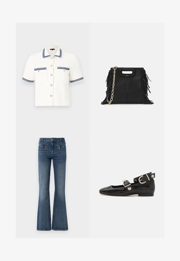 Kurzärmeliges Hemd mit Knöpfen aus weißem Stoff mit blauen Akzenten und zwei Vorderfächern. Verfügt über ein strukturiertes Design und einen runden Kragen.; Navyblaues gestreiftes Poloshirt mit spitzem Kragen, kurzen Ärmeln und zwei vorderen Taschen mit Druckknöpfen; hervorgehoben durch weiße Steppnähte.; Ausgestellte blaue Jeans aus Denim mit mittelhohem Bund, ausgestattet mit Vorder- und Gesäßtaschen sowie einer dezenten ausgeblichenen Waschung.; Schwarze Lackleder-Ballerina mit eckiger Zehenpartie, Knöchelriemen mit silberner Hardware und flacher Sohle. Glatte Textur mit minimalistischen Design.; Schwarze Lederhandtasche mit Fransen-Details, goldener Ketten-Schulterriemen und einem ausgeschnittenen Griff. Mit Logoplatzierung auf der Vorderseite.