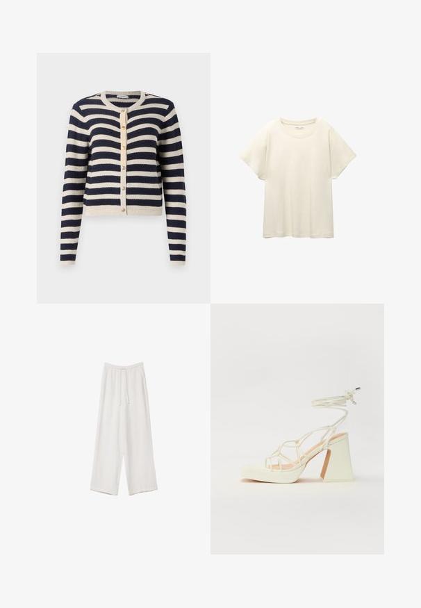 Cardigan rayé bleu marine et crème avec encolure ronde, fermeture à boutons et matière en tricot texturé. Présente des bords côtes aux poignets et à l'ourlet.; T-shirt beige clair à manches courtes avec un col rond, fabriqué en tissu doux et lisse. Présente une coupe décontractée et un ourlet droit.; Pantalons larges blancs en tissu léger. Dotés d'une taille élastique avec cordon de serrage et de poches latérales. Texture lisse.; Sandale blanche à talons hauts avec un talon épais, présentant un design à lanières et un lien autour de la cheville. Texture lisse avec une plateforme à l'avant pour une hauteur supplémentaire.