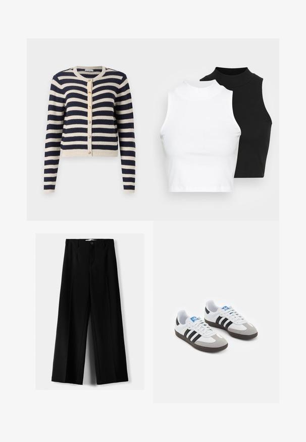 Cardigan rayé bleu marine et crème avec encolure ronde, fermeture à boutons et matière en tricot texturé. Présente des bords côtes aux poignets et à l'ourlet.; Deux hauts sans manches en maille côtelée, en noir et blanc, dotés d'un design ajusté et d'une texture lisse, avec une longueur courte.; Pantalons larges noirs en tissu léger, avec une fermeture à bouton à l'avant et un devant plat, dotés d'ourlets soigneusement cousus.; Baskets avec une tige en cuir blanc, un bout en daim gris et trois bandes noires. Présente un logo bleu sur la languette et une semelle en caoutchouc texturée.