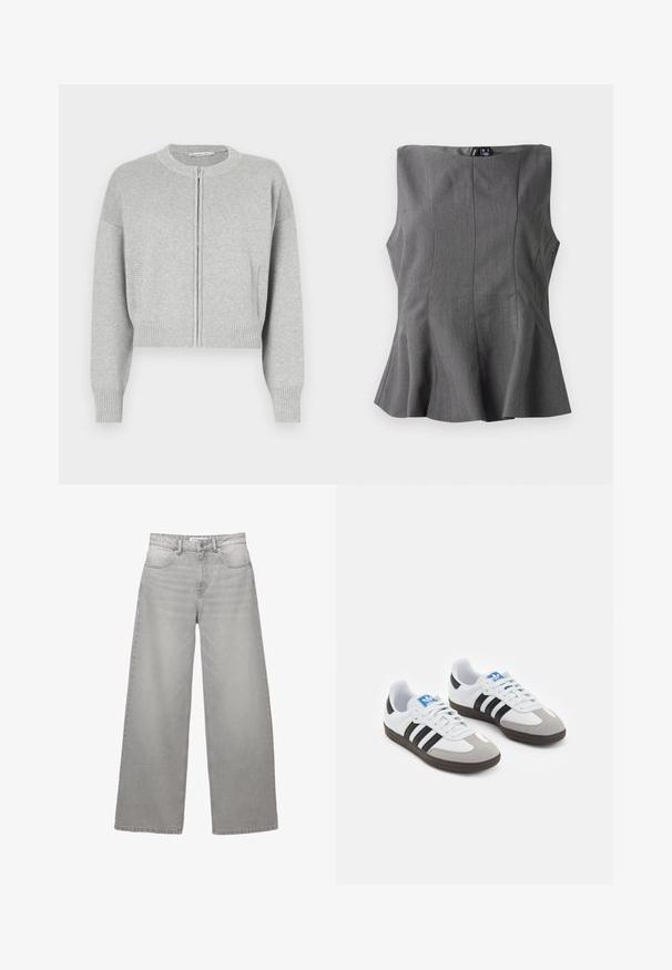 Grey cropped cardigan made of soft knit material, featuring a ribbed texture, a front zipper, and long sleeves with ribbed cuffs.; Gray peplum top with a structured, sleeveless design. Made of smooth fabric, featuring vertical seams and a straight neckline.; Wide-leg grey denim jeans with a high waist, featuring five pockets, a zip fly, and visible stitching. Soft texture with a faded finish.; Sport shoes with a white leather upper, gray suede toe, and three black stripes. Features a blue logo on the tongue and a textured rubber sole.