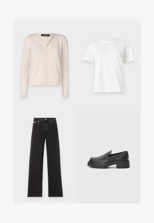 Repeat Cardigan - pearl; White cotton t-shirt with short sleeves, round neckline, and a relaxed fit. Smooth texture, no patterns or accents, minimalistic design.; Black wide-leg jeans made of denim, featuring a high-rise waist, five-pocket styling, and a metal button closure with contrasting stitching.; Black leather loafers with a rounded toe, thick textured sole, and minimal stitching details. Sleek design with no visible laces or hardware.