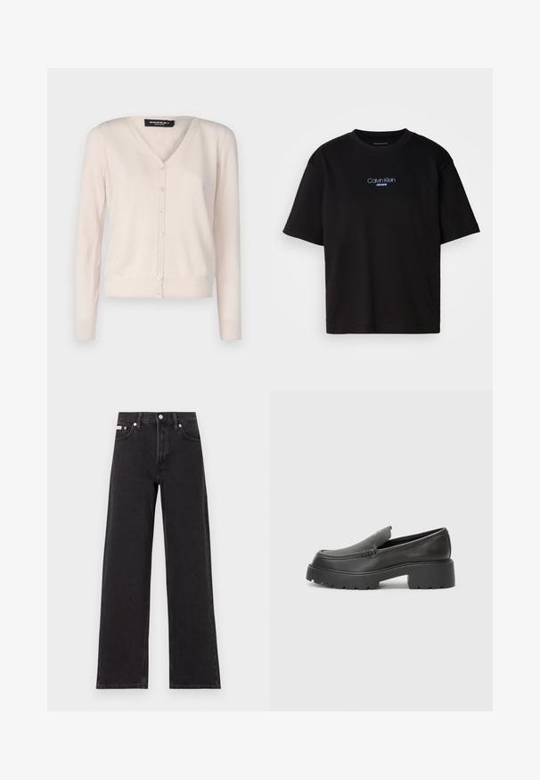 Repeat Cardigan - pearl; Black cotton t-shirt with a round neck, short sleeves, and blue embroidered "Calvin Klein JEANS" logo on the front.; Black wide-leg jeans made of denim, featuring a high-rise waist, five-pocket styling, and a metal button closure with contrasting stitching.; Black leather loafers with a rounded toe, thick textured sole, and minimal stitching details. Sleek design with no visible laces or hardware.