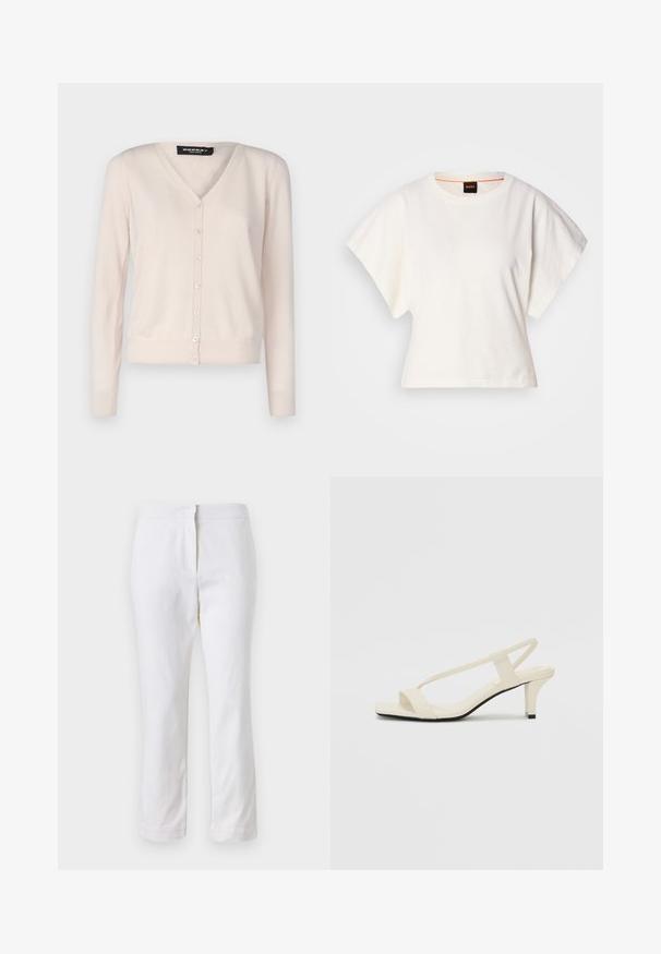 Repeat Neuletakki - pearl; Valkoinen lyhythihainen t-paita, leveät lyhyet hihat, pehmeää puuvillamateriaalia, pyöreä pääntie jossa hienovarainen oranssi reunus, minimaalinen muotoilu, ei kuvioita tai graafisia elementtejä.; Valkoiset puuvillahousut suoralla lahkeella, joissa on keskikorkea vyötärö ja ei näkyviä varusteita tai kuvioita. Ehjä pinta kauttaaltaan.; Beige sandaalit, joissa on loiva korko, ohuet hihnat ja neliönmallinen varvasosa. Sileä materiaali, jossa on minimaalista yksityiskohtaa, suunniteltu helppokäyttöiseksi.