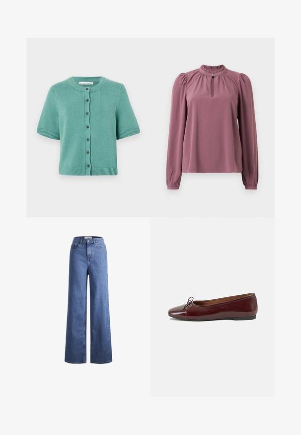 Cardigan à manches courtes en teal, fabriqué en tissu tricoté texturé. Il présente un col rond, une fermeture à boutons et un ourlet ainsi que des manches côtelés.; Blouse mauve à manches longues avec col froncé, encolure à clef avec fermeture à bouton et épaules légèrement bouffantes.; Jean large en denim bleu clair avec taille haute, deux poches avant et coutures visibles. Fermeture à bouton et à zip.; Ballerines en cuir verni bordeaux avec un bout rond, un petit nœud décoratif à l'avant et une semelle en caoutchouc noire basse. Texture lisse.