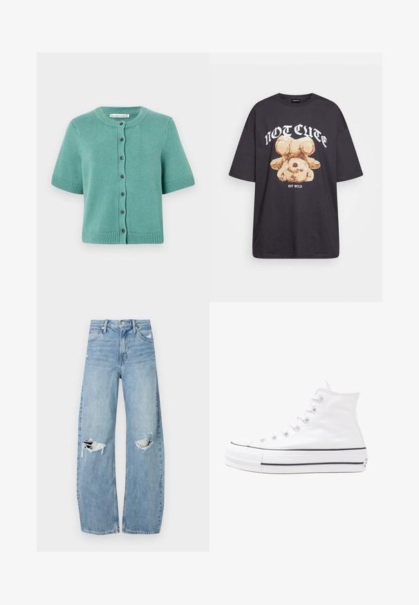 Tīģera zaļas krāsas īsām piedurknēm sportiska kardigāna izstrādājums, kas izgatavots no faktūras adījuma auduma. Tajā ir apaļa kakla izgriezums, pogu aizdare, kā arī ribota apakšmala un piedurknes.; Melna, pārmērīga t-kreklu, kurā attēlots lācis ar uzrakstu "NAV MIERĪGS, BET VILKIS" treknos baltos burtiem. Izgatavots no kokvilnas materiāla.; Gaiši zili, augstās vidukļa džinsi, kas izgatavoti no denima. Iespējas plašas kājas, divas plēstas ceļa daļas un klasiskā piecu kabatu dizains.; Balti augstie kanvas sporta apavi ar melnu gumijas zoli, priekšējo gumijas purngalu un sešām acīm lencēm, kuriem ir tīrs, minimālistisks dizains.