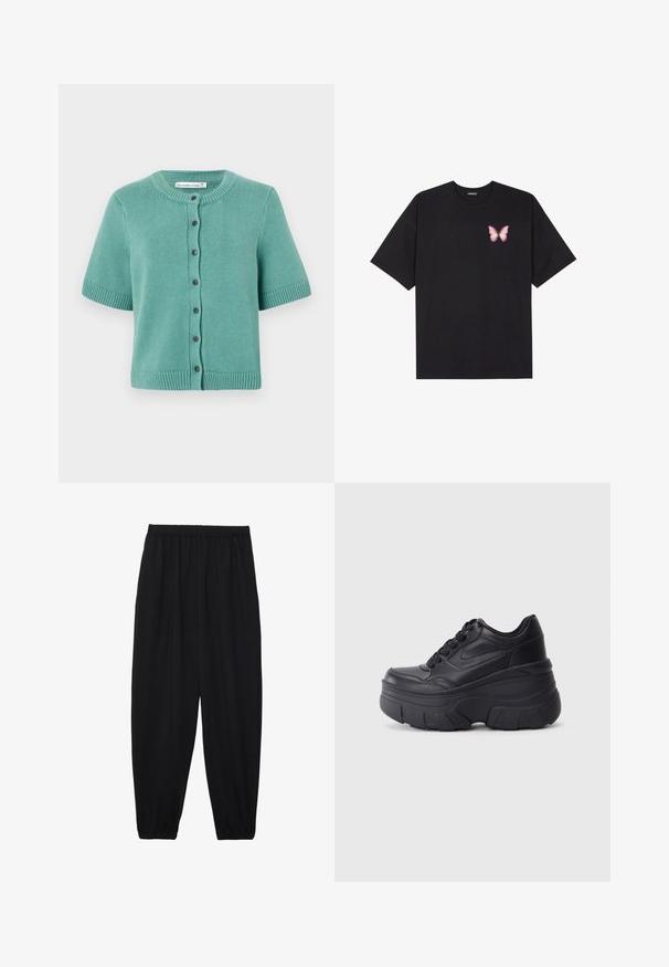 Cardigan à manches courtes en teal, fabriqué en tissu tricoté texturé. Il présente un col rond, une fermeture à boutons et un ourlet ainsi que des manches côtelés.; T-shirt en coton noir à manches courtes, avec un petit graphique de papillon rose sur la poitrine gauche. Modèle à col rond avec une coupe décontractée.; Pantalons noirs légers avec une taille élastique et des chevilles froncées. Le tissu est lisse et présente un design décontracté et fuselé.; Baskets noires à lacets avec une semelle épaisse, présentant un dessus en cuir lisse, un bout arrondi et un design de plateforme en couches distinct.