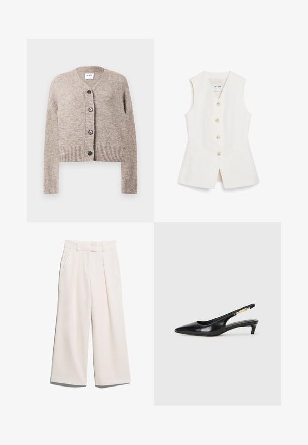 Beige neulejakku, jossa on V-pääntie, ribbaushelma ja pitkät hihat. Edessä viisi mustaa nappia. Pehmeä, teksturoitu kangas.; Valkoinen hihaton liivi, jossa on muotoiltu malli, kuusi pyöreää nappia ja kaksi etutaskua. Valmistettu sileästä materiaalista, jossa on siisti viimeistely.; Löysät housut vaaleassa kermanvärissä, valmistettu sileästä kankaasta, jossa on kaksi etutaskua ja näkyvät ompeleet vyötäröllä.; Mustat nahkaiset slingback-korkokengät, joissa on terävä kärki, ohuet korot ja kultasävytteinen yksityiskohta säädettävässä hihnassa. Silkkinen pinta.