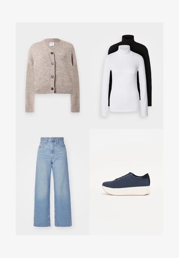 Beige kötött kardigán, V-nyakkal, bordás szegéllyel és hosszú ujjakra. Az elején öt fekete gomb található. Puha, texturált anyag.; Két hosszú ujjú garbó felső, az egyik fehér, a másik fekete, sima, rugalmas anyagból készült, mindkettő karcsú szabású és magas nyakú.; Világoskék, magas derekú, bő szárú farmernadrág, elülső gombbal és cipzárral, elülső és hátsó zsebekkel, fehér háttérrel.; Sötétkék sportcipő, texturált szövet felsőrész, fehér platform talp, lekerekített orr és fekete sarok akcentussal. Hat fűzőlyuk található rajta.