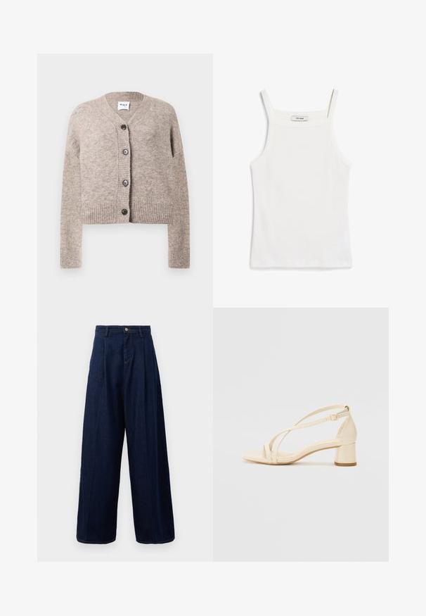 Cardigan en tricot beige avec un col en V, un ourlet côtelé et des manches longues. Doté de cinq boutons noirs sur le devant. Tissu doux et texturé.; Débardeur blanc à fines bretelles, en tissu de coton côtelé, avec un décolleté droit et une finition soignée à l'ourlet.; Pantalons large en denim bleu foncé avec taille haute, devant plissé et fermeture classique à bouton, dotés de poches latérales et de coutures contrastées.; Sandales à talons beiges avec un talon bloc, un design entrecroisé et une bride de cheville réglable, fabriquées en matériau synthétique lisse avec une finition mate.