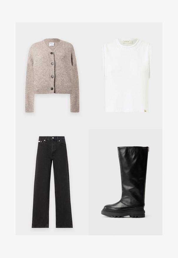 Beige knitted cardigan with a v-neck, ribbed hem, and long sleeves. Features five black buttons along the front. Soft, textured fabric.; White sleeveless knit top with a round neckline, ribbed hem, and side stitching details; features a small branded tag at the bottom.; Black wide-leg jeans made of denim, featuring a high-rise waist, five-pocket styling, and a metal button closure with contrasting stitching.; Black leather knee-high boot with a rounded toe, chunky rubber sole, and a side zipper for closure. Smooth texture with minimal detailing.