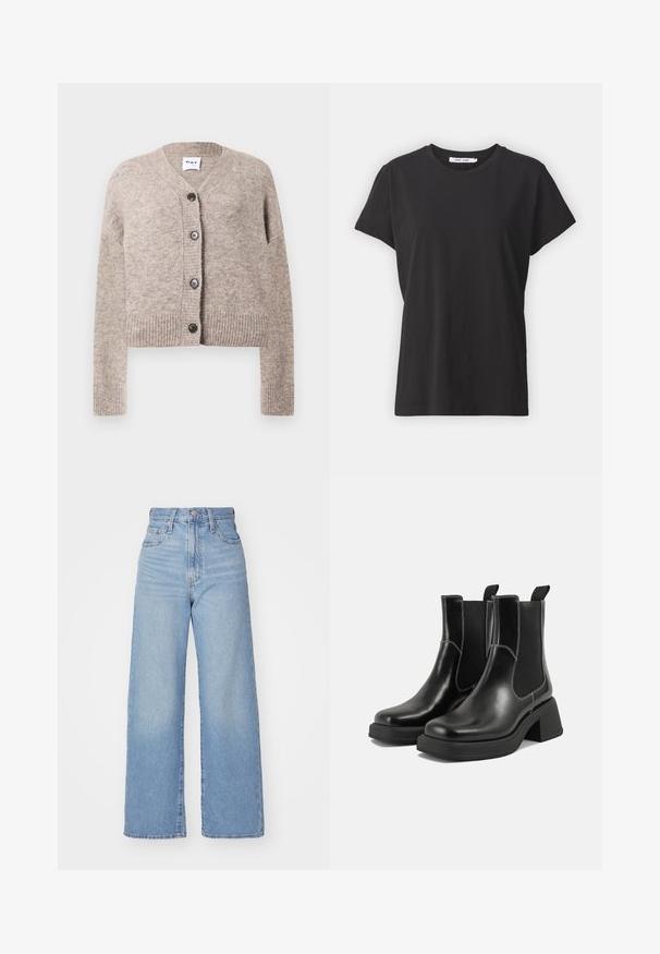 Beige strikket cardigan med v-hals, ribbet nederkant og lange ermer. Har fem svarte knapper langs forsiden. Mykt, teksturert stoff.; Svart bomulls t-skjorte med klassisk rund hals, korte ermer og en avslappet passform. Glatt tekstur, ingen synlige mønstre eller detaljer.; Lys blå høytlivs vide jeans med knapp- og glidelås lukking foran, foran og bak lommer, på en hvit bakgrunn.; Sorte lær Chelsea støvler med en kraftig hæl, elastiske sidepaneler og kontrasterende hvid syning. Teksturert overflate.