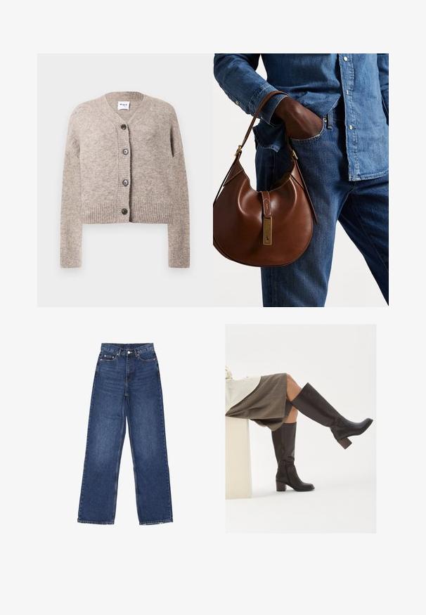 Beige gestrickte Strickjacke mit V-Ausschnitt, geripptem Saum und langen Ärmeln. Mit fünf schwarzen Knöpfen entlang der Vorderseite. Weicher, strukturierter Stoff.; Zwei ärmellose, gerippte Rollkragenoberteile in Braun und Schwarz, auf einem schlichten weißen Hintergrund präsentiert.; Weite blaue Jeans mit hoher Taille, Knopfverschluss, fünf Taschen und subtilen Verwaschungen auf dem Stoff.; Braune Lederstiefel bis zum Knie mit eckiger Zehenpartie, blockiertem Absatz und seitlichem Reißverschluss. Glatte Oberfläche mit polierter Optik.; Braune Leder-Hobo-Tasche mit runder Form, ausgestattet mit goldenen Hardware-Details und kontrastierenden Nähten. Kombiniert mit einem Jeanshemd und Jeans.