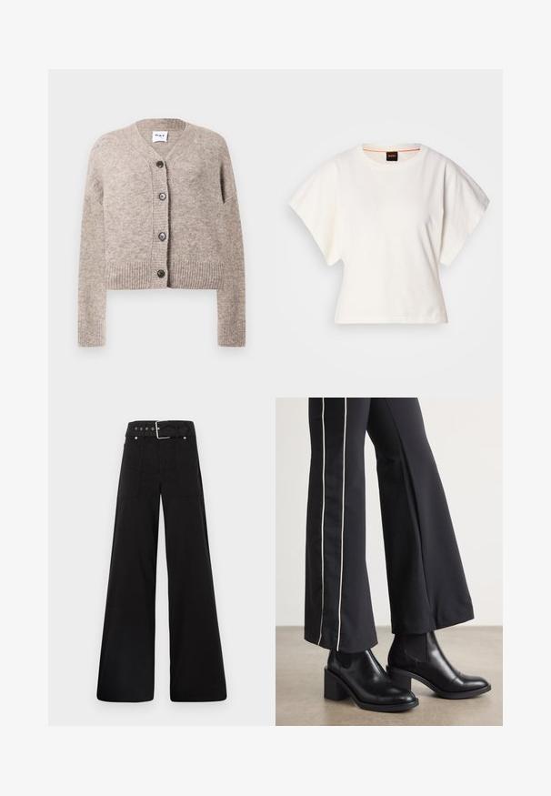 Beige gestrickte Strickjacke mit V-Ausschnitt, geripptem Saum und langen Ärmeln. Mit fünf schwarzen Knöpfen entlang der Vorderseite. Weicher, strukturierter Stoff.; Weißes, kurzes T-Shirt, kurze weite Ärmel, weicher Baumwollstoff, runder Ausschnitt mit subtilen orangefarbenen Akzenten, minimales Design, keine Muster oder Grafiken.; Schwarze weitgeschnittene Hose aus Baumwolle, mit hoher Taille, großen Seitentaschen und einem taillierten Bund mit silbernen Hardware-Akzenten.; Schwarze Lederstiefeletten mit einem Blockabsatz, ausgestattet mit elastischen seitlichen Einsätzen. Kombiniert mit schwarzen Hosen, die einen weißen Seitenstreifen haben.