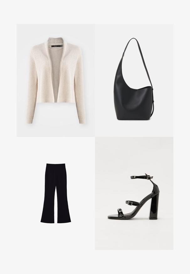 Bežový pletený kardigán s ryhovanou textúrou, otvoreným predným dizajnom a dlhými rukávmi. Stredná dĺžka s voľným strihom a bez zapínania.; Biely bezrukávový top s okrúhlym výstrihom. Vyrobený z hladkého materiálu, má uvoľnený strih a minimalistický dizajn. Žiadne vzory alebo akcenty.; Čierne široké nohavice s vysokým pásom a bez viditeľných vreciek alebo gombíkov, zobrazené na bielom pozadí.; Čierne lakované sandále na podpätku so štvorcovou špičkou, navlečenými remienkami okolo členku a striebornými prackami. Disponujú masívnym blokovým podpätkom pre stabilitu.; Čierna kožená hobo taška so hladkou textúrou, zakriveným tvarom a jedným nastaviteľným popruhom; má široké otvorenie na vrchu.