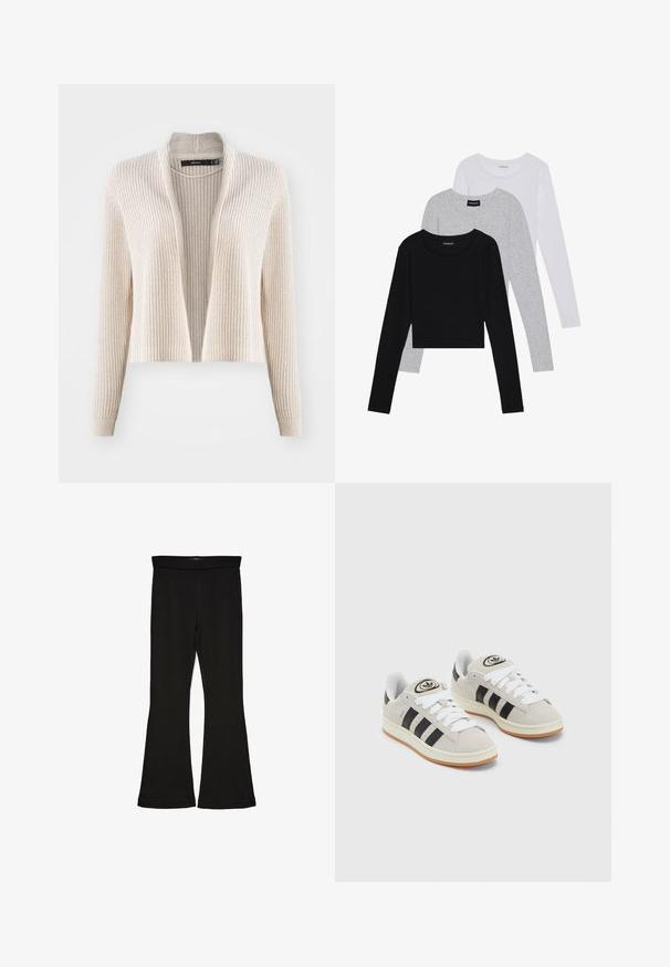 Beige knitted cardigan with a ribbed texture, open front design, and long sleeves. Mid-length with a relaxed fit and no fastenings.; Three long-sleeve tops stacked: black, grey, and white. Each has a round neckline and a cropped design with smooth, lightweight fabric.; Black flare leggings made from stretchy fabric. Features a wide waistband and a smooth texture, with a fitted silhouette that flares at the hem.; Gray suede sneakers with white laces, black stripes, and a white rubber sole. Features a circular logo on the tongue and a gum sole.