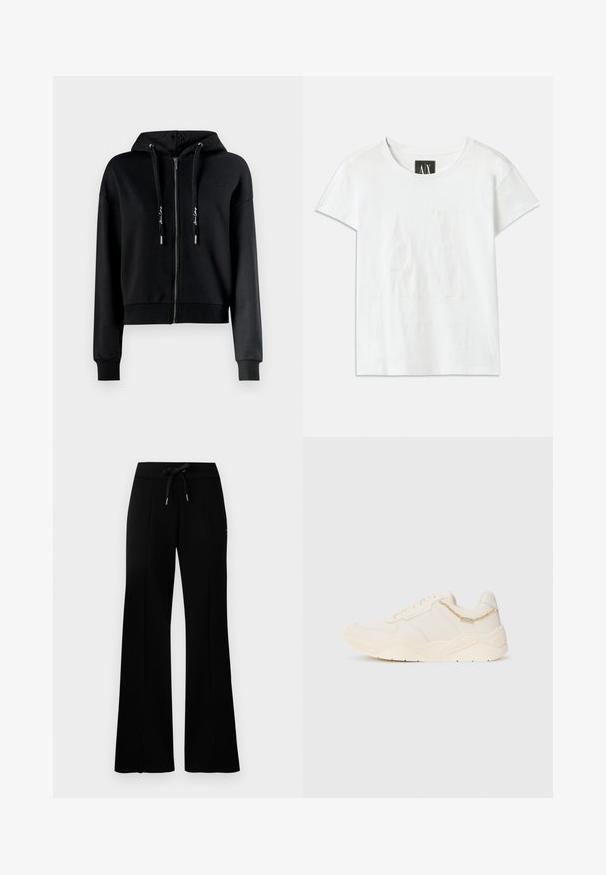 Svart zip-up hoodie i mjukt tyg, med avslappnad passform, dragsko i huvan, ribbade mudd och kort längd. Subtil logotypdetalj på bröstet.; Vit bomull t-shirt med korta ärmar, med en upphöjd logotyp "AX" på framsidan och texten "ARMANI EXCHANGE" nedanför i en subtil design.; Svarta vida sweatpants med dragsko i midjan, sidofickor, mjukt tyg och en stilren design.; Krämsfärgade sneakers med en slät läderöverdel, strukturerade detaljer, broderade inslag och en tjock gummisula. Har en liten dekorativ kedja.