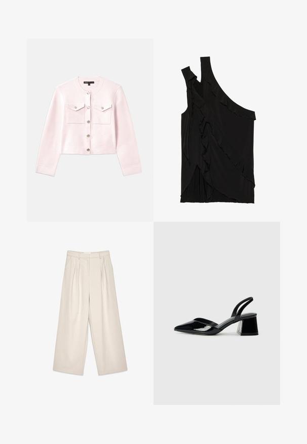 Lichtroze cropped cardigan van zacht materiaal met een ronde hals, zilveren knopen en twee voorzakken met kleppen.; Asymmetrische zwarte top van zachte stof met rimpels aan de zijkant en een enkele band. Gladde textuur met gedrapeerde ontwerpelementen.; Beige wijde pantalon met plooien, met een gladde textuur en riemlussen. Tailored pasvorm, biedt een losse fit rond de benen.; Zwarte gepatineerde leren slingback hakken met een spitse neus en een geometrische blokhak. Kenmerkt zich door een slank, minimalistisch ontwerp en een gladde textuur.