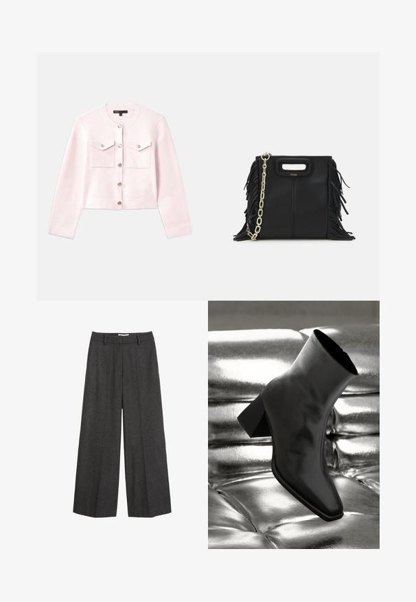 Ljust rosa kortärmad cardigan i mjukt tyg med rund halsringning, silverfärgade knappar och två framfickor med flikar.; Vit stickad tanktopp med fyrkantig halsringning, breda axelremmar och en avslappnad passform, med en jämn textur och utan mönster.; Breda byxor i mörkgrått tyg. Har en skräddarsydd midja med bältesöglor, slät yta och minimal sömnadsdetaljer.; Svarta ankelboots i glänsande material med fyrkantig tå och avsmalnande klack, placerade mot en glänsande silverfärgad vadderad bakgrund.; Svart läderhandväska med fransdetaljer, guldkedja som axelrem och ett handtag med urtag. Har logotyp placering framtill.