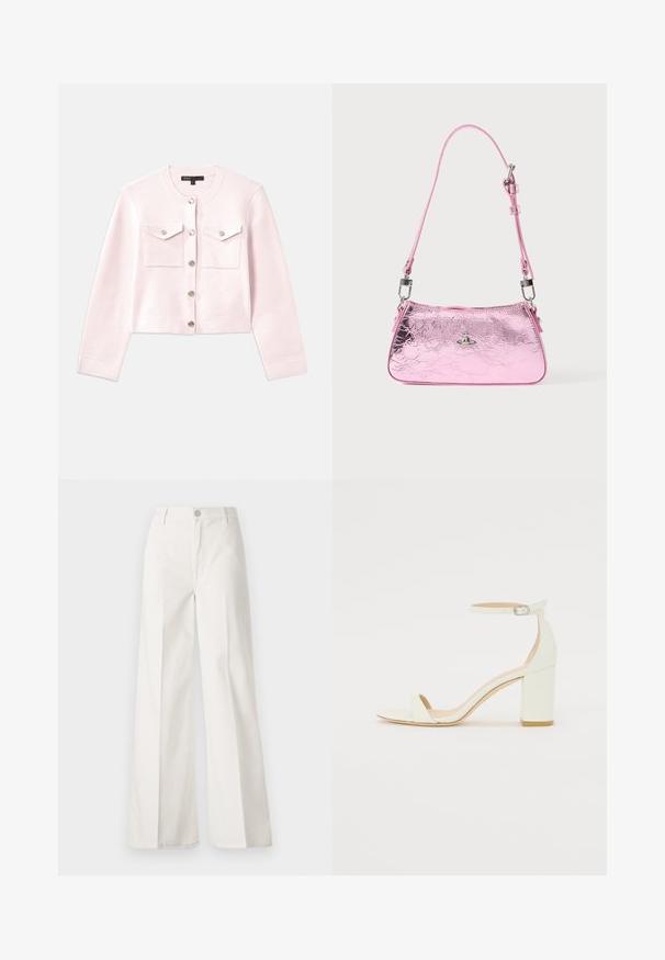 Cárdigan corto de color rosa claro hecho de tejido suave, con escote redondo, botones plateados y dos bolsillos frontales con solapas.; Bodysuit blanco de manga larga con escote profundo y cierre a presión en la entrepierna, mostrado sobre un fondo blanco liso.; Pantalones de pierna ancha blancos hechos de algodón con una textura suave. Cuenta con un botón delantero, cremallera y un diseño de cuatro bolsillos.; Sandalía de tacón bloque blanca de piel, con una correa en el tobillo que presenta una hebilla y un diseño minimalista. Punta abierta y texturas suaves en toda la superficie.; Bolso de mano metálico rosa con textura arrugada, correa ajustable y herrajes plateados. Cuenta con un pequeño emblema en el frente.