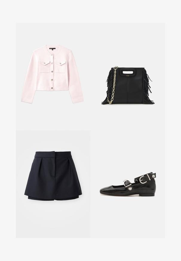 Helles rosa kurzes Strickjacke aus weichem Stoff mit rundem Halsausschnitt, silbernen Knöpfen und zwei Fronttaschen mit Klappen.; Navyblaues gestreiftes Poloshirt mit spitzem Kragen, kurzen Ärmeln und zwei vorderen Taschen mit Druckknöpfen; hervorgehoben durch weiße Steppnähte.; Marinefarbene Falten-Shorts mit hoher Taille, aus glattem Stoff gefertigt. Sie verfügen über ein figurbetontes Design und eine versteckte Fronttasche.; Schwarze Lackleder-Ballerina mit eckiger Zehenpartie, Knöchelriemen mit silberner Hardware und flacher Sohle. Glatte Textur mit minimalistischen Design.; Schwarze Lederhandtasche mit Fransen-Details, goldener Ketten-Schulterriemen und einem ausgeschnittenen Griff. Mit Logoplatzierung auf der Vorderseite.