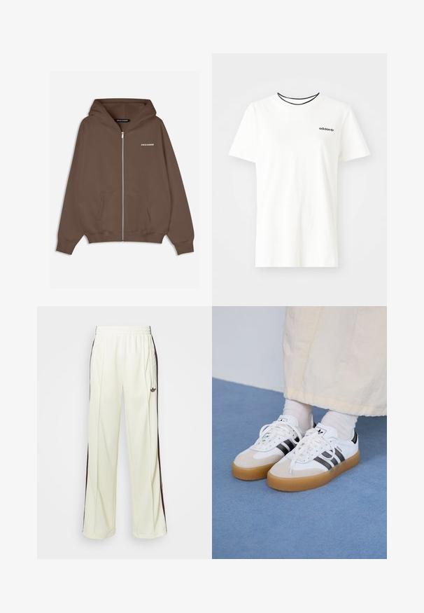 Brun zip-up hettegenser med snorhette, frontlommer, ribbede mansjetter, og en liten hvit "PEGADOR"-logo på brystet. Glatt tekstur.; Hvit bomull t-skjorte med korte ermer og rund hals. Har en svart Adidas-logo på brystet og en kontrasterende svart indre krage.; Kremfargede joggebukser med en avslappet passform, som har mørkebrune sidestriper og en brodert logo på venstre lår.; Hvite sneakers med svarte striper og beige semsket skinn-detaljer. Har en teksturert gummisåle og flate hvite snører, brukt med lyse sokker.