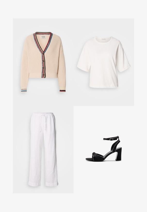 Gilet cropped couleur crème avec un tricot texturé, présentant un décolleté en V, une bordure à rayures multicolores et des boutons en bois.; T-shirt en coton blanc avec une coupe décontractée, des manches courtes retroussées, un col rond et une texture lisse. Design simple et minimaliste.; Pantalons en lin blancs avec une coupe décontractée, une taille élastique et un cordon de serrage. Dotés de jambes droites et d'ourlets retroussés pour un look décontracté.; Sandales à talons en suède noir avec un large talon bloc, une bride de cheville réglable, un design ouvert à l'avant, et des coutures contrastées.