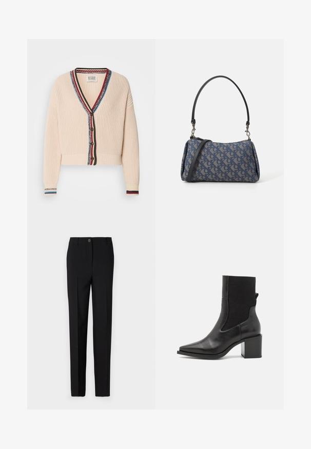 Gilet cropped couleur crème avec un tricot texturé, présentant un décolleté en V, une bordure à rayures multicolores et des boutons en bois.; Haut sans manches noir en col roulé, fabriqué à partir d'un tissu lisse. Design ajusté avec un col haut et un ourlet droit, minimaliste et de couleur unie.; Pantalon noir ajusté avec une coupe droite, doté d'une fermeture à bouton et de passants de ceinture, fabriqué en tissu lisse.; Bottine noire avec un embout pointu, fabriquée en cuir lisse et en tissu élastique. Dotée d'un talon bloc et d'un design minimaliste.; Sac à main en tissu à motif bleu, présentant une forme courbée, une sangle en cuir noir et un design de logo dans une teinte plus claire.