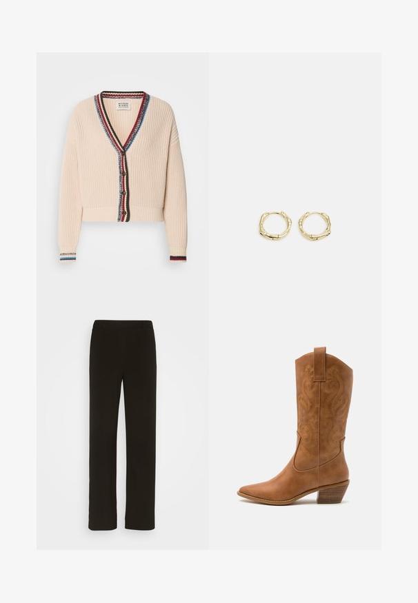 Crème-kleurige cropped cardigan met een gestructureerde brei, voorzien van een V-hals, multikleuren gestreepte rand en houten knopen.; Zwarte mouwloze coltrui, gemaakt van soepele stof. Fitting ontwerp met een hoge kraag en een rechte zoom, minimalistisch en in een effen kleur.; Zwarte, rechte broek van geweven stof, met een platte voorkant, twee zijzakken en een gladde textuur. Geen zichtbare patronen of accenten.; Tan leren cowboylaars met puntige neus, geborduurde spiraalpatronen op de schacht en een gestapelde blokhak. Voorzien van een trekband voor gemakkelijke aan- en uittrekken.; Gouden creolen met een textuur en onregelmatige vorm. Voorzien van een naadloze sluiting en een gepolijste afwerking, wat het moderne ontwerp benadrukt.