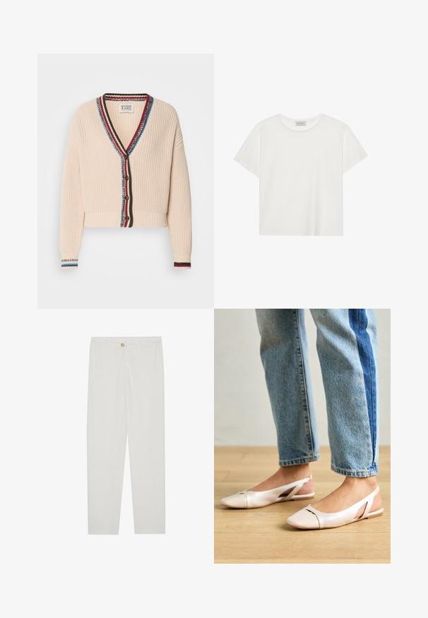 Cremefarbener, kurz geschnittener Cardigan mit strukturiertem Strick, V-Ausschnitt, mehrfarbigem gestreiftem Saum und Holzknöpfen.; Weißes T-Shirt mit kurzen Ärmeln aus weicher Baumwolle. Verfügt über einen runden Halsausschnitt und eine lockere Passform. Sauberes Design ohne sichtbare Muster oder Akzente.; Weisse, maßgeschneiderte Hosen mit geradem Bein, die über einen Knopfverschluss, Gürtelschlaufen und Seitentaschen verfügen; glatte Stoffoberfläche.; Blassrosa Slingback-Ballerinas mit spitzem Punkt, aus einem glatten, lederähnlichen Material. Mit Ausschnitten an den Seiten und einem flachen Absatz.