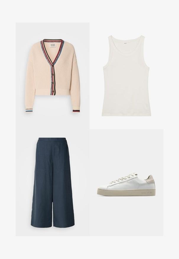 Cardigan corto color crema con un knit testurizzato, dotato di scollo a V, bordo a strisce multicolore e bottoni in legno.; Top in cotone bianco a spalla larga con spalline sottili. Tessuto liscio senza motivi visibili o decorazioni.; Pantaloni a gamba larga di colore blu navy, realizzati in tessuto leggero. Presentano una superficie leggermente texture, una vita elastica e cuciture frontali.; Sneaker bianca in pelle con finitura liscia, dettagli in suede beige, punta rotonda, design con stringhe piatte e suola in gomma testurizzata.