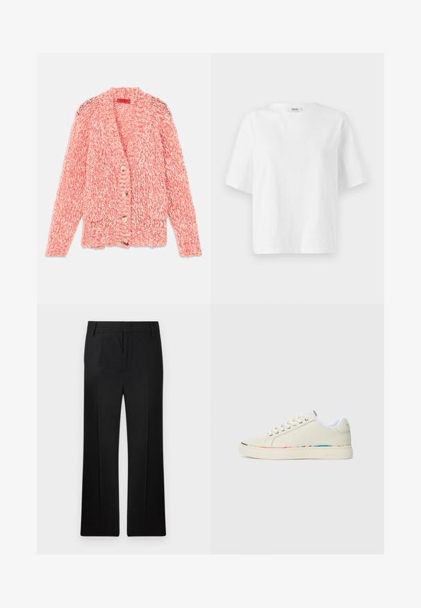 Knitted cardigan in coral and cream, featuring a shawl collar, three buttons, and two front pockets with a textured pattern.; White short-sleeve t-shirt made from cotton, featuring a crew neckline and a loose, boxy fit with minimal stitching details.; Black trousers, straight leg design, made of smooth fabric. Features subtle front creases and a flat waistband with belt loops.; Off-white low-top sneaker with lace-up design, white interior lining, and subtle multicolor trim along the sole edge, side view.
