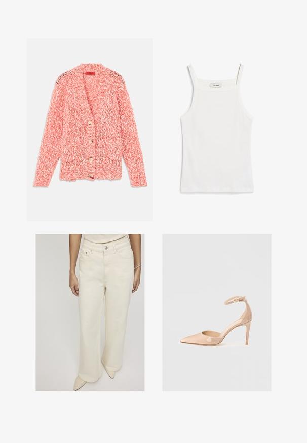 Kootud kardigan korallide ja kreemjate toonidega, millel on šaalikaelus, kolm nööpi ja kaks esipocketit tekstuuriga mustriga.; Valge tank top, millel on õhukesed rihmad, valmistatud ribakangast, sirge dekoltee ja puhas viimistlus allääres.; Kreemikas värviga laiadjeansid, mis on valmistatud denimist, koos kõrge vöökoha, ees olevate taskute ja ühe nööbiga kinnitusega, et tagada mugav istuvus.; Naha nahkadele paigutatud teravvarvaste jalanõud, millel on pahkluu rihm ja stilettokõrgus, silmapaistva sileda tekstuuri ja minimalistliku disainiga.