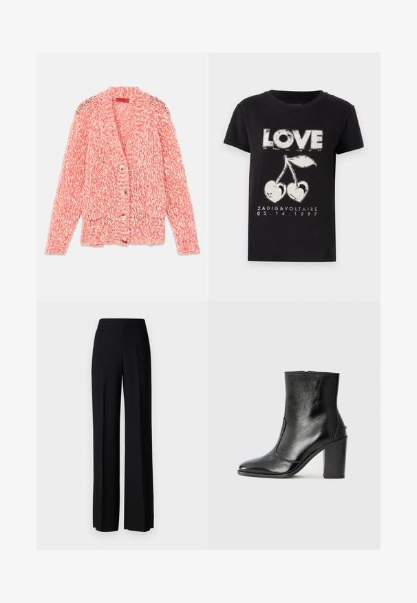 Nertinis kardiganas koralinės ir grietinėlės spalvų, su šaliais apykakle, trimis mygtukais ir dviem priekinėmis kišenėmis su tekstūriniu raštu.; Juodas medvilninis marškinėliai su balta grafika, kurioje pavaizduotas žodis "MEILĖ" ir dvi vyšnios širdies pavidalu, taip pat prekės ženklo tekstas ir data.; Juodi platūs kelnių kelnės su lygiu paviršiumi, turinčios aukštą liemenį ir centrinės raukšlės. Nėra matomų raštų ar metalinių detalių.; Juodas odinis kulkšninis batas su lygiu paviršiumi, smailiu pirštu ir masyviu aukštu kulnu. Savybė - šoninis atidarymas ir minimalistiškas dizainas.