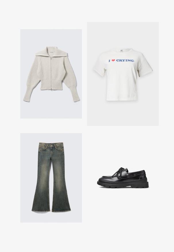 Lys grå cropped sweater med en bred ribbet tekstur, stor krave, fuld lynlås og voluminøse ærmer for en behagelig pasform.; BDG Urban Outfitters CRYING BABY - T-shirts print - white; Udhulende denimjeans i en falmet blå farve med design af klassiske fem lommer, der har en let tekstur og synlige sømdetaljer.; Sorte læder bådsko med rund tå, snørebåndsdesign, syninger og en kraftig gummisål med et tekstureret grebmønster.