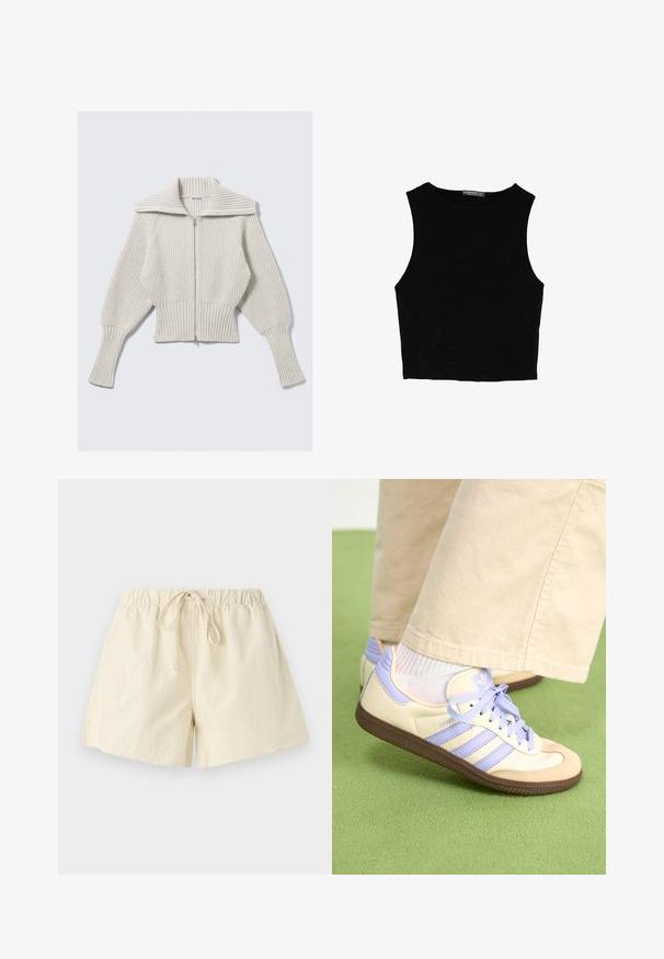 Maglione corto grigio chiaro con una trama a coste ampia, grande colletto, zip completa e maniche voluminose per una vestibilità comoda.; Top corto senza maniche nero realizzato in tessuto liscio, con scollatura rotonda e un design pulito e semplice, privo di pattern o accessori.; Pantaloni corti beige con elastico in vita e coulisse, caratterizzati da una vestibilità comoda e una texture liscia. Nessuna tasca visibile o motivo decorativo.; Sneakers crema e lavanda con tre strisce e suola marrone texturizzata, dotati di lacci e tallone imbottito. Parte superiore in tessuto morbido.