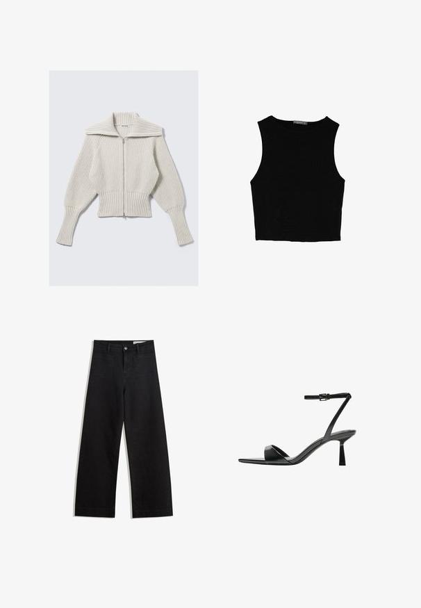 Maglione corto grigio chiaro con una trama a coste ampia, grande colletto, zip completa e maniche voluminose per una vestibilità comoda.; Top corto senza maniche nero realizzato in tessuto liscio, con scollatura rotonda e un design pulito e semplice, privo di pattern o accessori.; Pantaloni in denim neri a gamba larga con vita alta, dotati di tasche anteriori e posteriori, cuciture a punto, e chiusura con bottone. Texture liscia.; Bershka Sandali con tacco - black