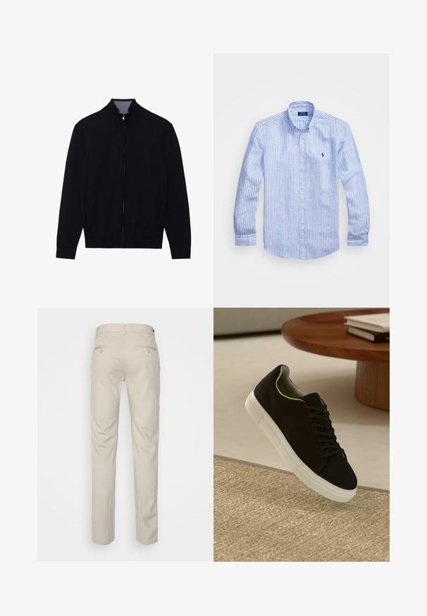 Giacca nera con zip, colletto alto, polsi a coste e due tasche laterali. Realizzata in un materiale liscio e di texture.; Camicia a maniche lunghe a righe bianche e blu in cotone, con colletto button-down, bottoni frontali e un piccolo logo ricamato sul petto.; Pantaloni beige con una texture liscia, taglio dritto, due tasche posteriori con bottoni e vita standard.; Sneaker nero con suola bianca che flotta sopra un tappeto beige testurizzato vicino a un tavolo rotondo in legno con libri impilati.