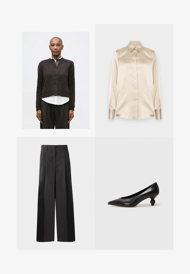Kiilakas naine, kes kannab tumedat kardigani, valget särki, laiu tumedat pükse, musti pahklu усцанейки ning kannab tumedat õlakotti, seismas valge tausta ees.; Beige satiinist särk, millel on terav krae, täispikkade varrukatega, nööbiga kinniti ja veidi läikivamad mansetid. Ilma mustrite või aktsentideta.; Mustad laiad püksid kõrge vöökohaga, millel on ees voldid, sile tekstuur ja õmmeldud viimistlus. Kujundatud lõdva istuvuse saavutamiseks.; Must musta kõrge kontsaga king, millel on terav nina ja ümar, pallikujuline konts. Sile pind ja elegantne, minimalistlik disain.