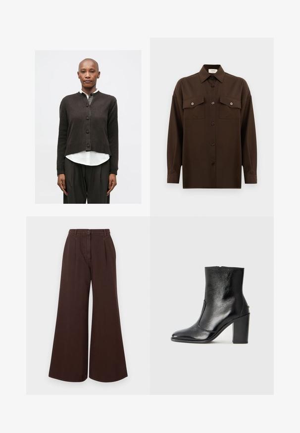 Bald nő sötét kardigánt, fehér inget, széles sötét nadrágot, fekete bokacsizmát visel, és egy sötét válltáskát hordoz, fehér háttér előtt áll.; Sötétbarna, hosszú ujjú, gombos ing, két zsebével a mellén és klasszikus gallérral, egyszerű fehér háttér előtt bemutatva.; Magas derekú, bő szárú barna nadrág gombos és cipzáras záródással, övhurkokkal és elülső pliszékkel.; Fekete bőr bokacipő sima textúrával, hegyes orral és vastag, magas sarkával. Oldalnyílással és minimalista dizájnnal rendelkezik.