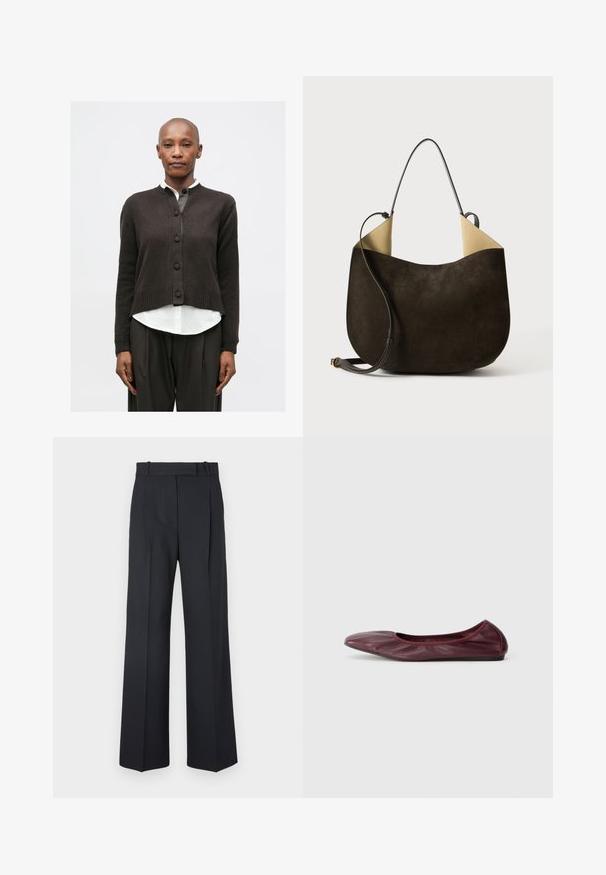 Plešatá žena v tmavém cardigan, bílém tričku, širokých tmavých kalhotách, černých kotníkových botách a nese tmavou kabelku přes rameno, stojící na bílém pozadí.; Dlouhý rukáv šedý ribovaný pletený top, kulatý výstřih, přiléhavý silueta, hladká textura, bez viditelných log a ozdob.; Tmavě modré kalhoty s pruhy, vysokým pasem, širokým nohavicemi a bez viditelného kování nebo ozdob. Hladká textura a přesně padnoucí střih.; Balerína v tmavě burgundské kůži, se zaoblenou špičkou, elastickým lemem a hladkou texturou s jemným řasením.; Tmavě hnědá semišová kabelka s hladkou texturou, minimalistickým designem a kontrastním světlým interiérem. Obsahuje dlouhý kožený popruh.