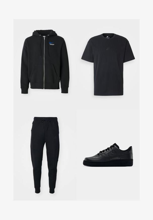 Czarna bluza z kapturem na zamek błyskawiczny, z przednimi kieszeniami, kapturem ze sznurkiem oraz małym niebieskim logo Nike i napisem "Athletic Dept Just Do It" na klatce piersiowej.; Czarny bawełniany t-shirt Nike z klasycznym okrągłym dekoltem, krótkimi rękawami oraz subtelnym, wytłoczonym logo na piersi. Gładka tekstura.; Czarne dresy wykonane z miękkiego materiału, z elastycznym pasem, zwężanymi nogawkami oraz bocznymi kieszeniami o eleganckim designie.; Czarne sneakersy Nike Air Force 1 z górną częścią wykonaną z gładkiej skóry, perforowanym noskiem dla lepszej wentylacji, czarnymi sznurówkami oraz teksturowaną gumową podeszwą.
